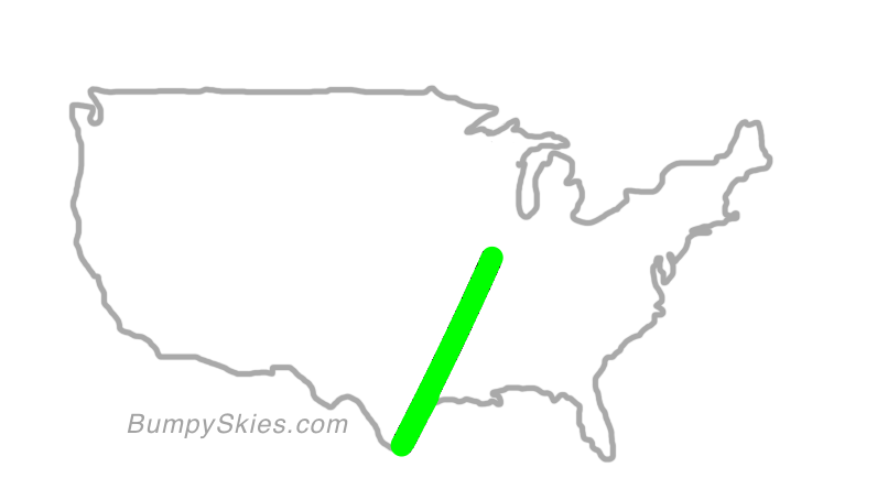 Map of continental US with illustrated flight path and turbulence forecast (described in text below)