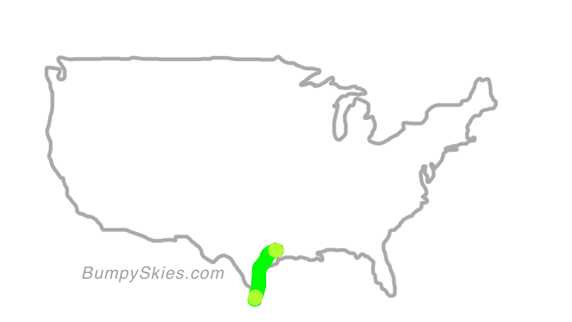 Map of continental US with illustrated flight path and turbulence forecast (described in text below)