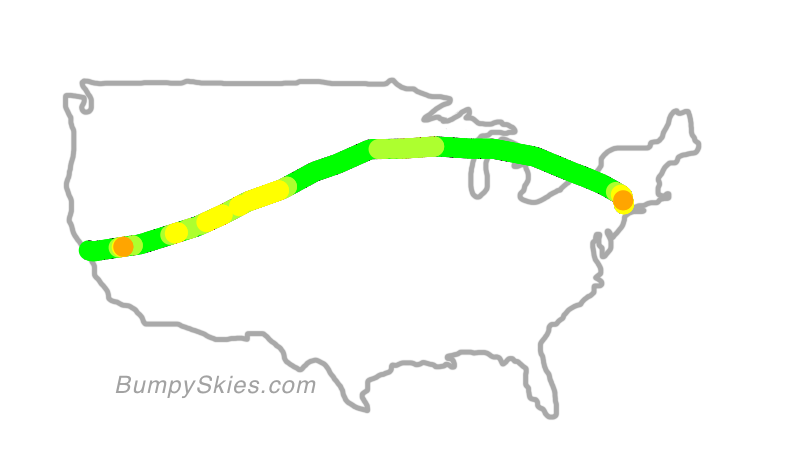 Map of continental US with illustrated flight path and turbulence forecast (described in text below)