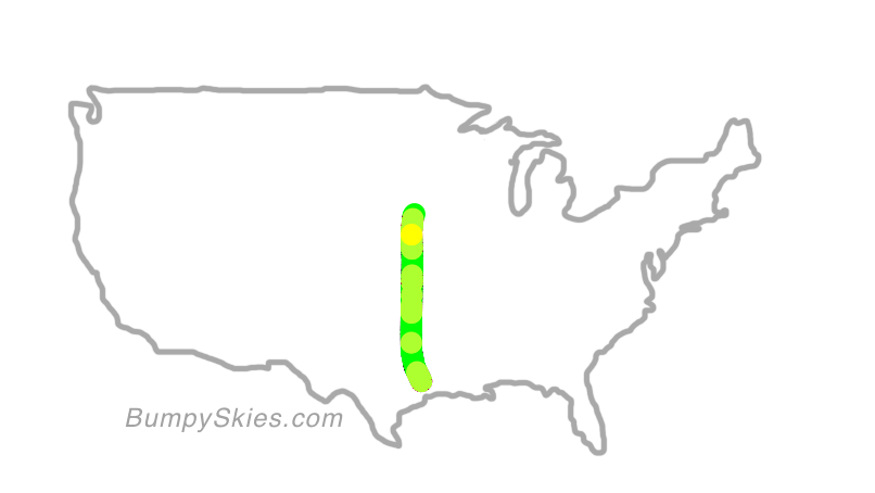 Map of continental US with illustrated flight path and turbulence forecast (described in text below)