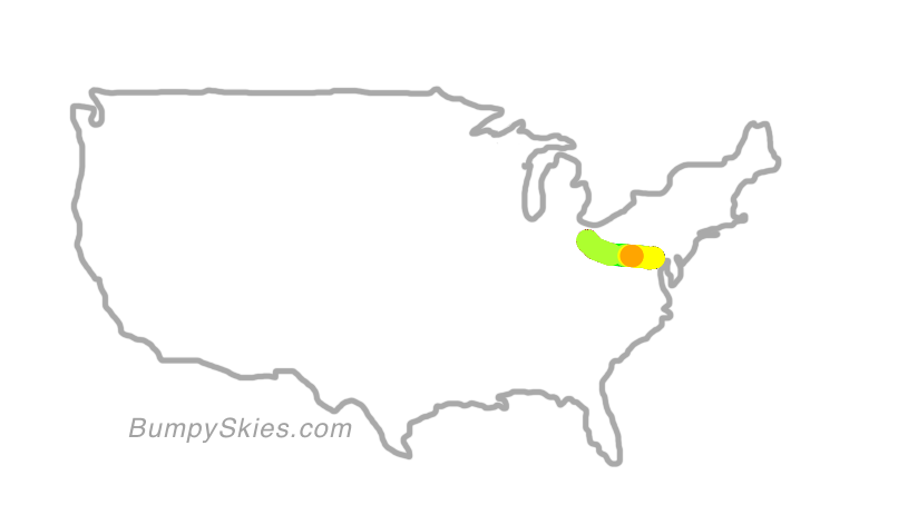 Map of continental US with illustrated flight path and turbulence forecast (described in text below)