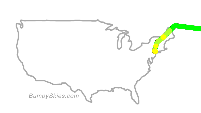 Map of continental US with illustrated flight path and turbulence forecast (described in text below)