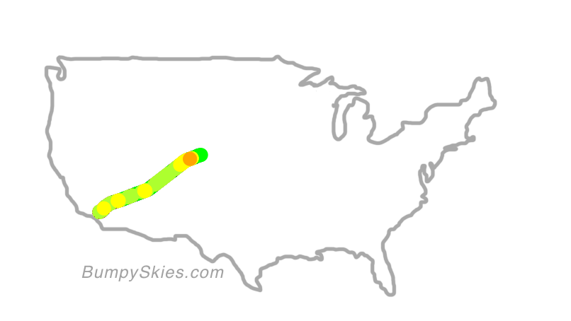 Map of continental US with illustrated flight path and turbulence forecast (described in text below)