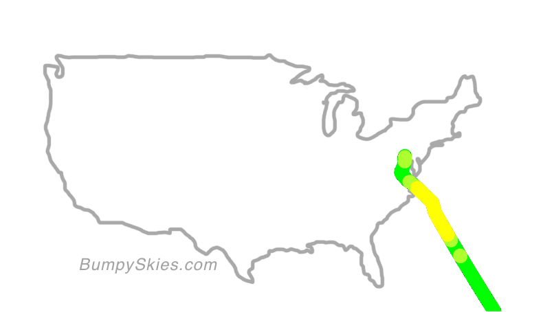 Map of continental US with illustrated flight path and turbulence forecast (described in text below)