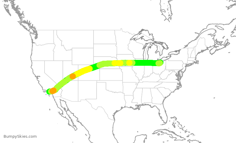 Turbulence forecast map for UAL1224, CLE to LAX