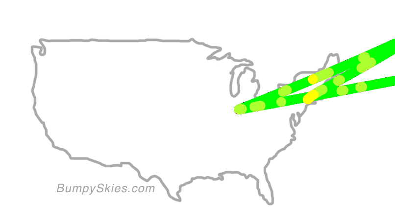 Map of continental US with illustrated flight path and turbulence forecast (described in text below)