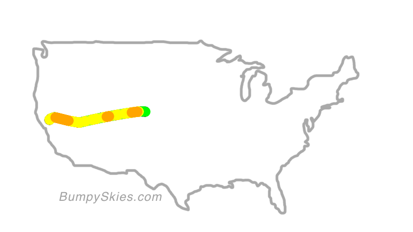 Map of continental US with illustrated flight path and turbulence forecast (described in text below)