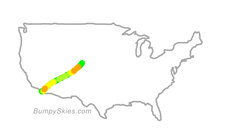 Map of continental US with illustrated flight path and turbulence forecast (described in text below)
