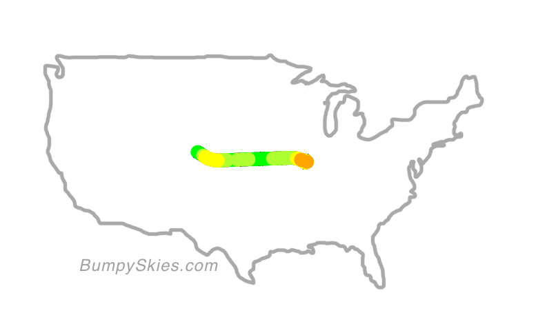 Map of continental US with illustrated flight path and turbulence forecast (described in text below)