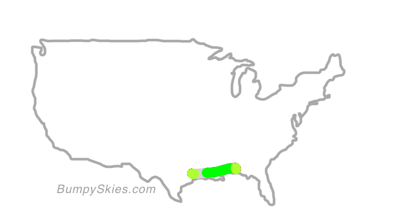 Map of continental US with illustrated flight path and turbulence forecast (described in text below)