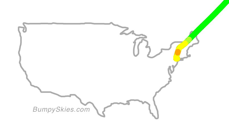 Map of continental US with illustrated flight path and turbulence forecast (described in text below)