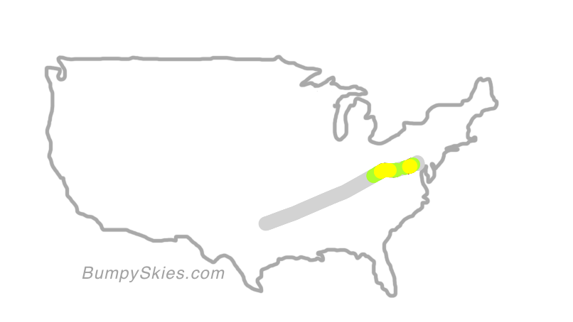 Map of continental US with illustrated flight path and turbulence forecast (described in text below)
