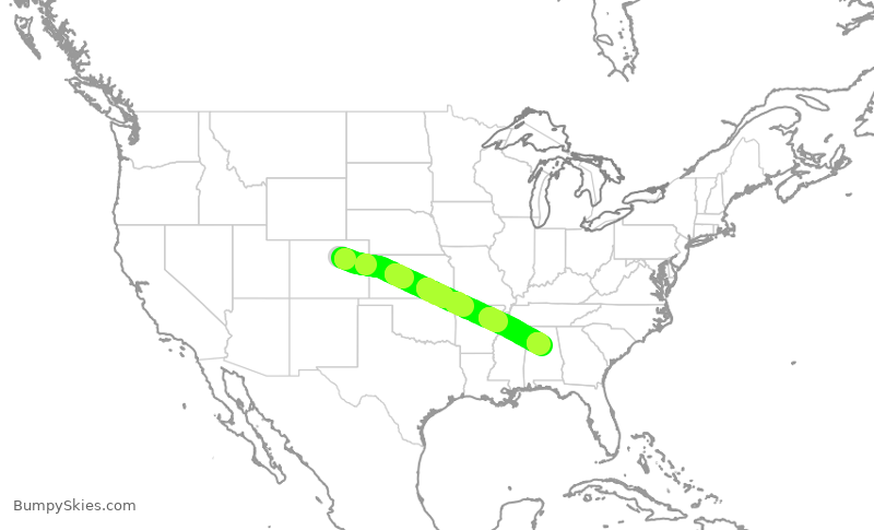 Turbulence forecast map for UAL1241, DEN to BHM