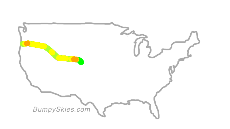 Map of continental US with illustrated flight path and turbulence forecast (described in text below)