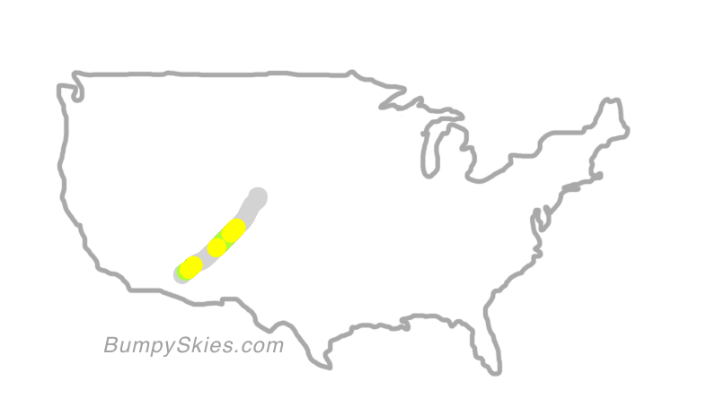 Map of continental US with illustrated flight path and turbulence forecast (described in text below)