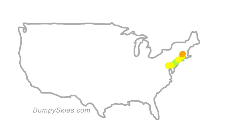 Map of continental US with illustrated flight path and turbulence forecast (described in text below)