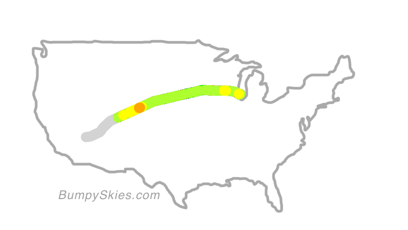 Map of continental US with illustrated flight path and turbulence forecast (described in text below)