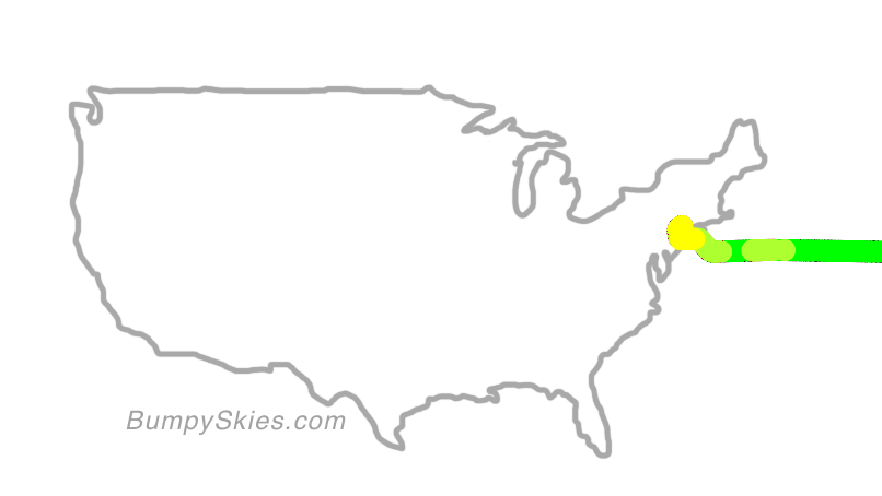 Map of continental US with illustrated flight path and turbulence forecast (described in text below)