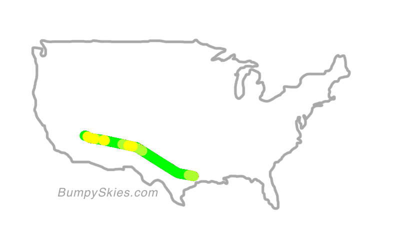 Map of continental US with illustrated flight path and turbulence forecast (described in text below)