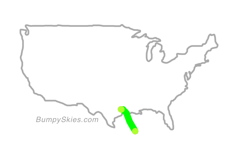 Map of continental US with illustrated flight path and turbulence forecast (described in text below)