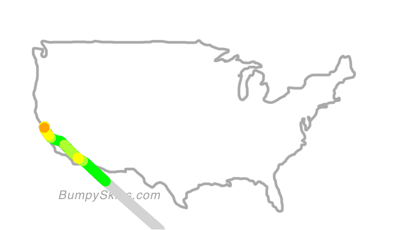 Map of continental US with illustrated flight path and turbulence forecast (described in text below)