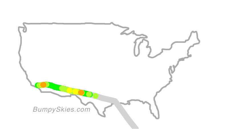Map of continental US with illustrated flight path and turbulence forecast (described in text below)