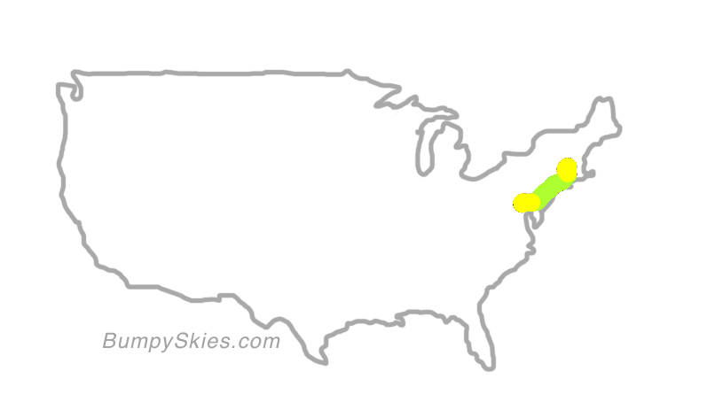 Map of continental US with illustrated flight path and turbulence forecast (described in text below)