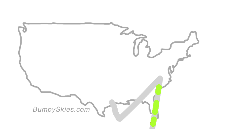 Map of continental US with illustrated flight path and turbulence forecast (described in text below)