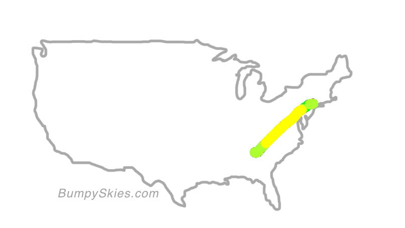 Map of continental US with illustrated flight path and turbulence forecast (described in text below)