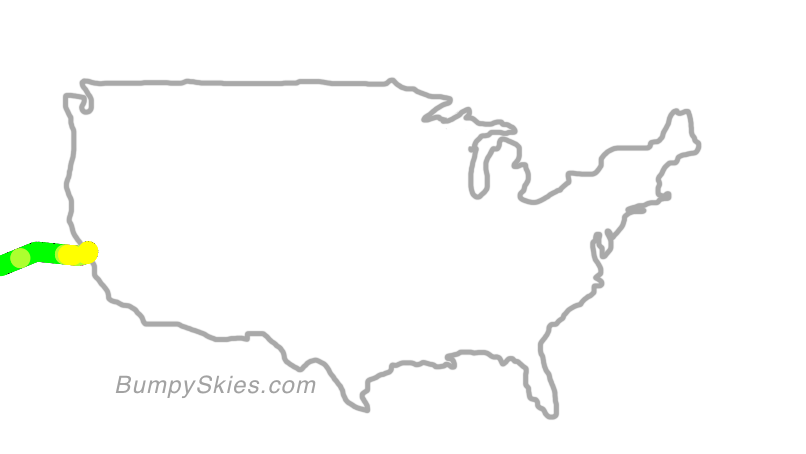 Map of continental US with illustrated flight path and turbulence forecast (described in text below)