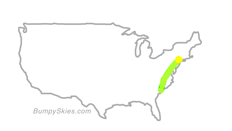 Map of continental US with illustrated flight path and turbulence forecast (described in text below)