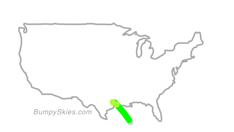 Map of continental US with illustrated flight path and turbulence forecast (described in text below)