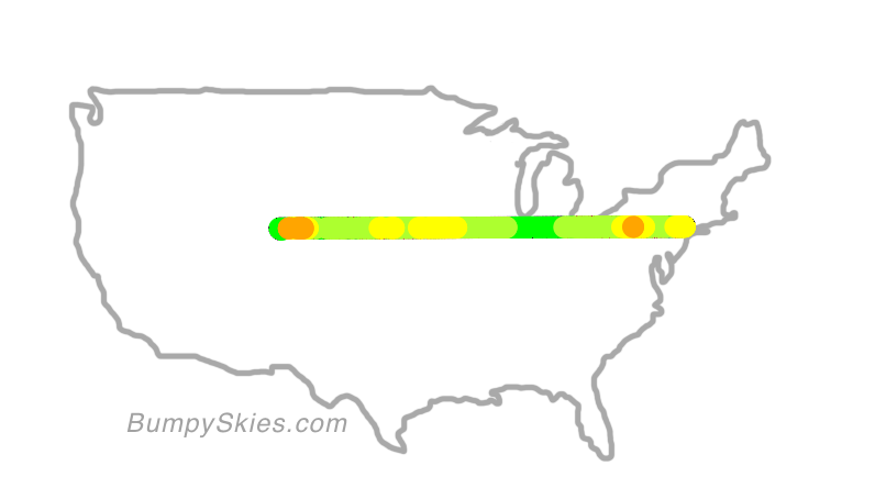 Map of continental US with illustrated flight path and turbulence forecast (described in text below)