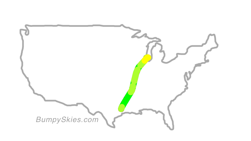 Map of continental US with illustrated flight path and turbulence forecast (described in text below)