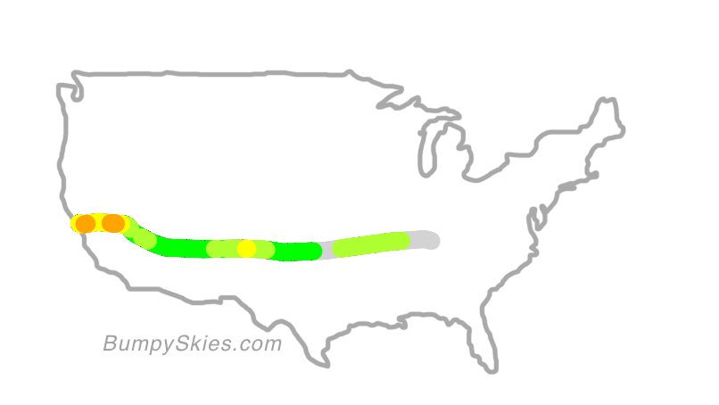 Map of continental US with illustrated flight path and turbulence forecast (described in text below)