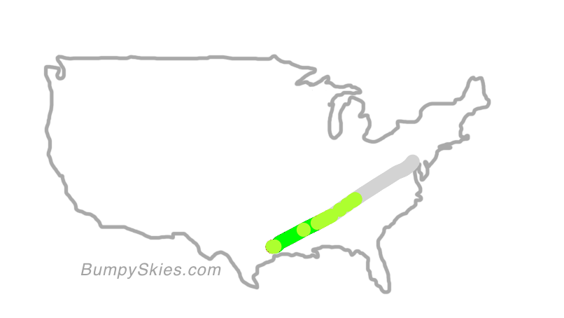 Map of continental US with illustrated flight path and turbulence forecast (described in text below)