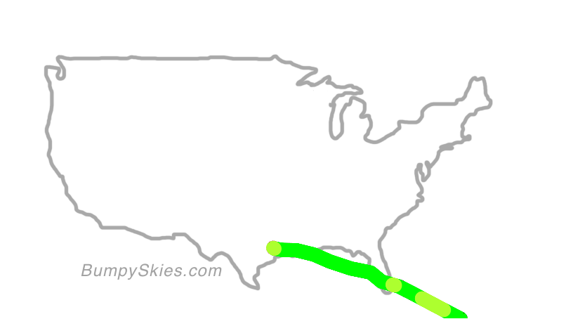 Map of continental US with illustrated flight path and turbulence forecast (described in text below)