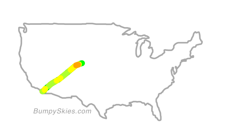 Map of continental US with illustrated flight path and turbulence forecast (described in text below)