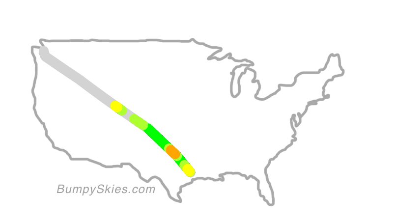 Map of continental US with illustrated flight path and turbulence forecast (described in text below)