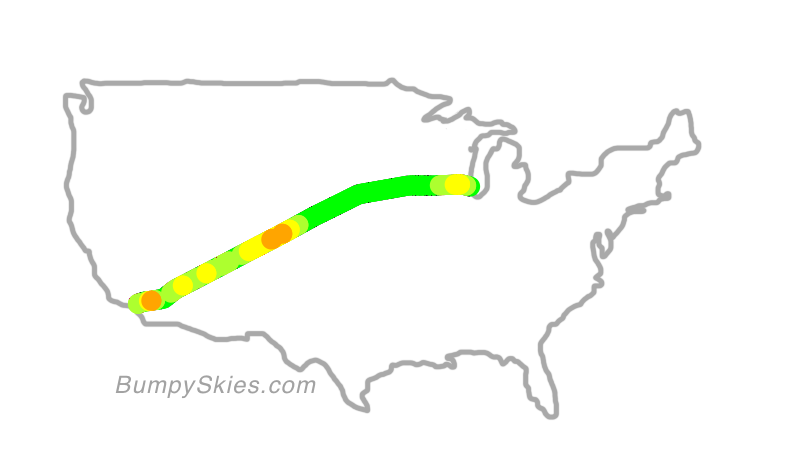 Map of continental US with illustrated flight path and turbulence forecast (described in text below)