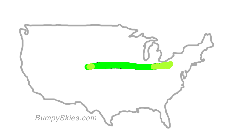 Map of continental US with illustrated flight path and turbulence forecast (described in text below)
