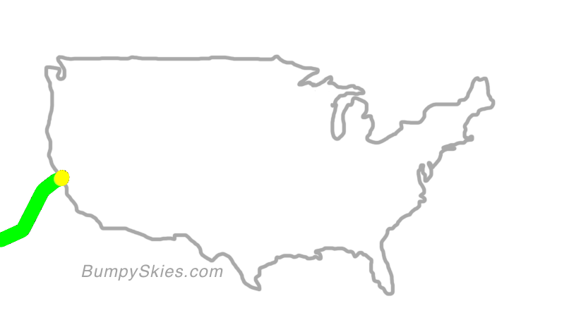 Map of continental US with illustrated flight path and turbulence forecast (described in text below)