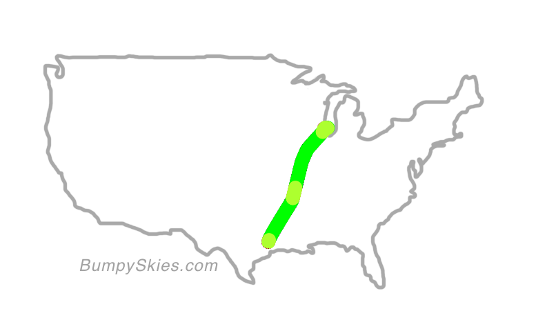 Map of continental US with illustrated flight path and turbulence forecast (described in text below)