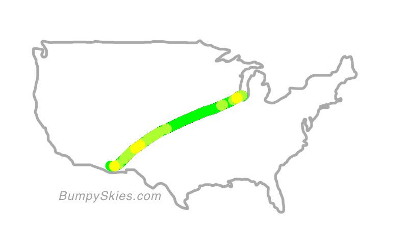 Map of continental US with illustrated flight path and turbulence forecast (described in text below)