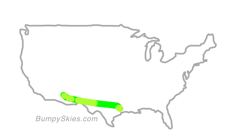 Map of continental US with illustrated flight path and turbulence forecast (described in text below)