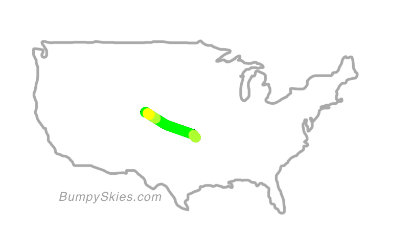 Map of continental US with illustrated flight path and turbulence forecast (described in text below)