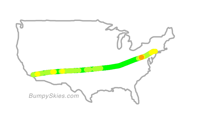 Map of continental US with illustrated flight path and turbulence forecast (described in text below)