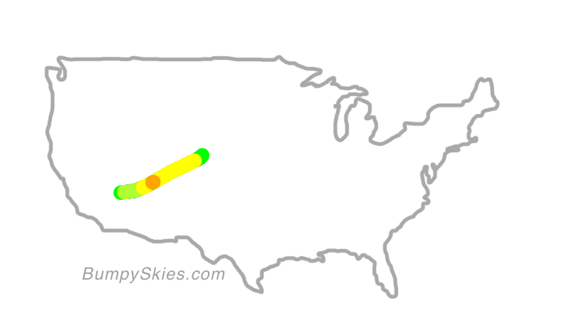 Map of continental US with illustrated flight path and turbulence forecast (described in text below)