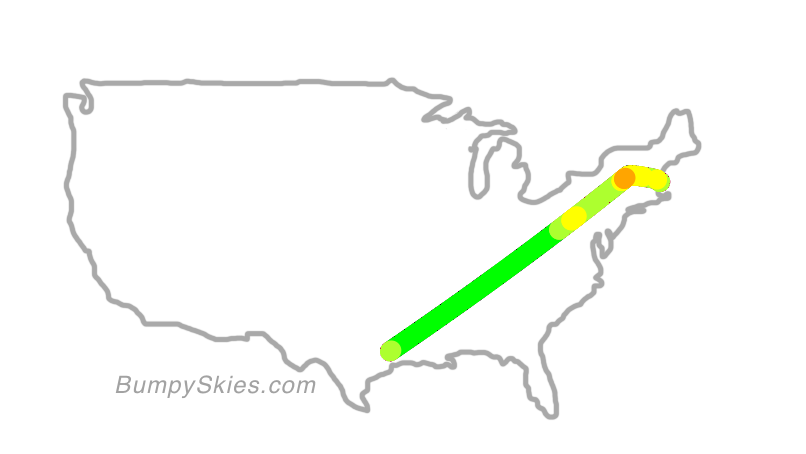 Map of continental US with illustrated flight path and turbulence forecast (described in text below)