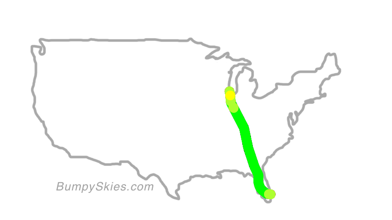 Map of continental US with illustrated flight path and turbulence forecast (described in text below)